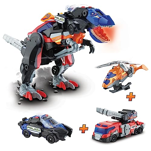 VTech Switch&Go Dinos 4-in-1 Mega T-Rex S.O.S., Super-Dinosaurier-Kombination aus DREI Notfallfahrzeugen, Dinosauriern und Actionfiguren, Spielzeug für Kinder ab 3 Jahren, ESP-Version von Vtech