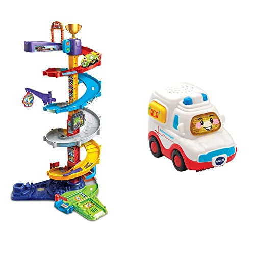 Vtech TUT TUT Baby Flitzer - 2-in-1 Turboturm 1-5 Jahren & TUT TUT Baby Flitzer - Rettungswagen – Spielzeugauto mit Musik, aufleuchtender Taste, spannenden Sätzen und Geräuschen von Vtech