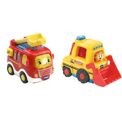 Vtech TUT TUT Baby Flitzer - Feuerwehrauto – Spielzeugauto mit Musik & TUT TUT Baby Flitzer - Bagger – Spielzeugauto mit Musik, aufleuchtender Taste von Vtech