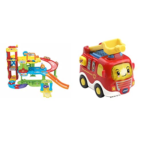 Vtech TUT TUT Baby Flitzer - Parkgarage, Bunt, 66.6 x 75.3 x 45.1 cm & TUT TUT Baby Flitzer - Feuerwehrauto – Spielzeugauto mit Musik, aufleuchtender Taste, spannenden Sätzen und Geräuschen von Vtech