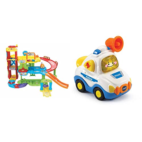 Vtech TUT TUT Baby Flitzer - Parkgarage, Bunt, 66.6 x 75.3 x 45.1 cm & TUT TUT Baby Flitzer - Polizei – Spielzeugauto mit Musik, aufleuchtender Taste, spannenden Sätzen und Geräuschen von Vtech