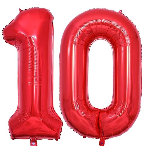 Vthoviwa 40 Zoll 17 Farbens Luftballon Zahlen 10 Rot, Luftballon 10. Geburtstag Foil Ballon, 0123456789,10-19,20-25,30,40,50,60,70,80,90, Folienballon 10 Party Dekoration Helium Unterstützen von Vthoviwa