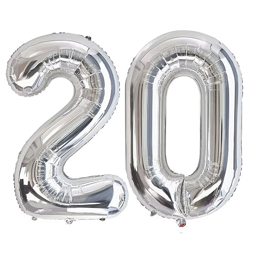 Vthoviwa 40 Zoll/18 Farbens Luftballon Zahlen 20 Silbrig, Luftballon 20. Geburtstag Foil Ballon, 0123456789,10-19,20-25,30,40,50,60,70,80,90, Folienballon 20 Party Dekoration Helium Unterstützen von Vthoviwa