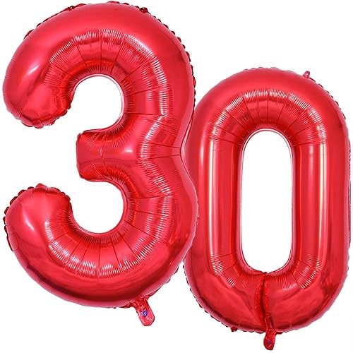 Vthoviwa 40 Zoll/18 Farbens Luftballon Zahlen 30 Rot, Luftballon 30. Geburtstag Foil Ballon, 0123456789,10-19,20-25,30,40,50,60,70,80,90, Folienballon 30 Party Dekoration Helium Unterstützen von Vthoviwa