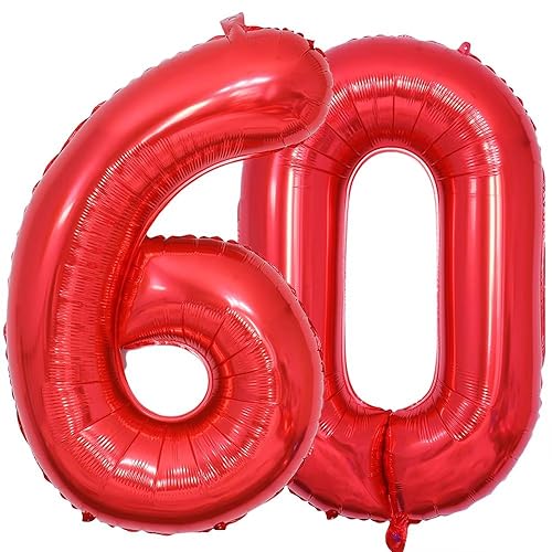 Vthoviwa 40 Zoll/18 Farbens Luftballon Zahlen 60 Rot, Luftballon 60. Geburtstag Foil Ballon, 0123456789,10-19,20-25,30,40,50,60,70,80,90, Folienballon 60 Party Dekoration Helium Unterstützen von Vthoviwa