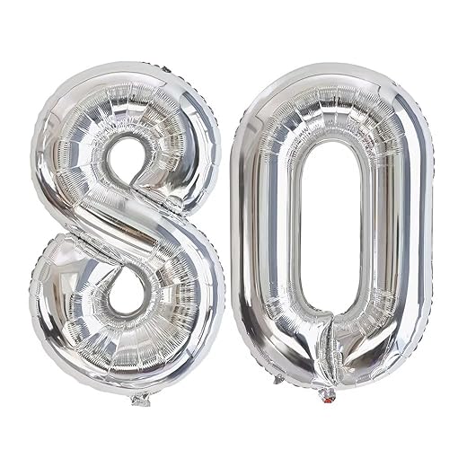 Vthoviwa 40 Zoll/18 Farbens Luftballon Zahlen 80 Silbrig, Luftballon 80. Geburtstag Foil Ballon, 0123456789,10-19,20-25,30,40,50,60,70,80,90, Folienballon 80 Party Dekoration Helium Unterstützen von Vthoviwa