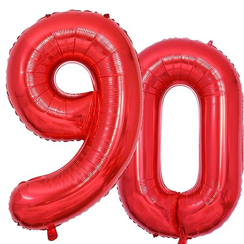 Vthoviwa 40 Zoll/18 Farbens Luftballon Zahlen 90 Rot, Luftballon 90. Geburtstag Foil Ballon, 0123456789,10-19,20-25,30,40,50,60,70,80,90, Folienballon 90 Party Dekoration Helium Unterstützen von Vthoviwa