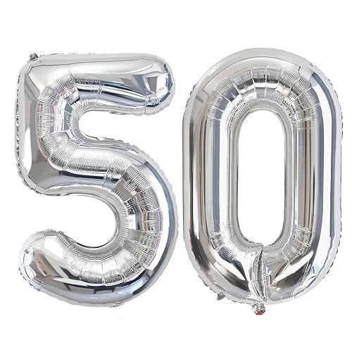 Vthoviwa 40 Zoll/18 Farbens Luftballon Zahlen 50 Silbrig, Luftballon 50. Geburtstag Foil Ballon, 0123456789,10-19,20-25,30,40,50,60,70,80,90, Folienballon 50 Party Dekoration Helium Unterstützen von Vthoviwa