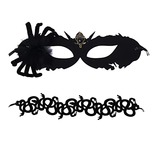 vtrem 2-teiliges Maskenmasken-Set, schwarze Spinnenmaske und Schlangen-Choker, Halloween, Gothic-Maske, Ball, Party-Maske für Frauen von Vtrem