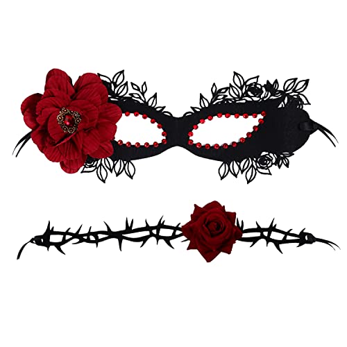 Vtrem 2-teiliges Masken-Set mit roten Rosen-Maske und Dornen-Choker, schwarz, Halloween-Gothic-Party, Cosplay-Maske für Frauen von Vtrem