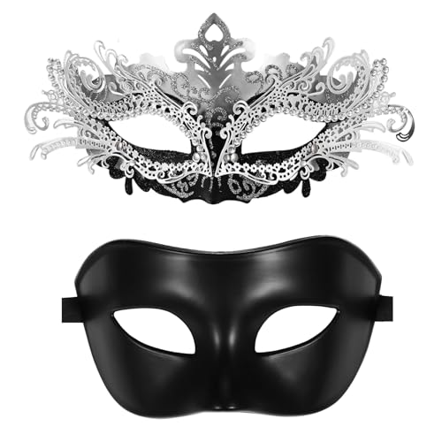 vtrem Maskerade Maske für Paare: Damen Silber Strass Metall Karneval Ball Maske Männer Schwarz Venezianische Karneval Party Abend Abschlussball Kostüm Maske von Vtrem