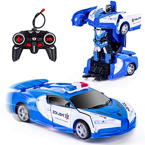 Kazzley Transform Ferngesteuertes Auto Spielzeug für Kinder, Polizei Roboter Auto Transformator Spielzeugauto RC Polizeiauto mit Fernbedienung Junge Geschenke ab 4 5 6 7 8 9 10 Jahre Blau von Kazzley