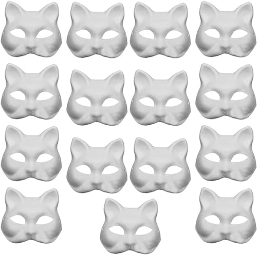 Vueinrg Set mit 10 weißen Katzenmasken zum Dekorieren, Basteln, Papier, Masken, Pulpmaske, bemalt, Katzenmaske, handbemalt, für Halloween, Karneval, Party, für Kinder und Erwachsene von Vueinrg