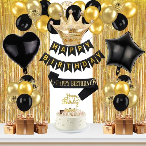 Geburtstagsdeko Schwarz Gold, Luftballons Geburtstag Dekoration Set für alle Altersgruppen mit Happy Birthday Banner Schärpe Geburtstagskrone Herz Stern Folie Konfetti Luftballons Lametta Vorhang von Vuemhjaey