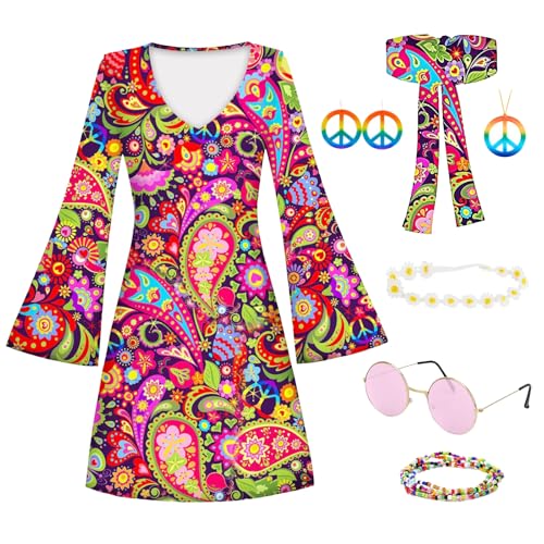 Vuemhjaey 70er Jahre Bekleidung Damen Kleid Set, 60er Jahre Kostüm Damen, 70er Jahre Kostüm Damen Faschings Kostüm kleid, Hippie Kleidung Damen Kostüm für Karneval Party (Stil 01, L) von Vuemhjaey
