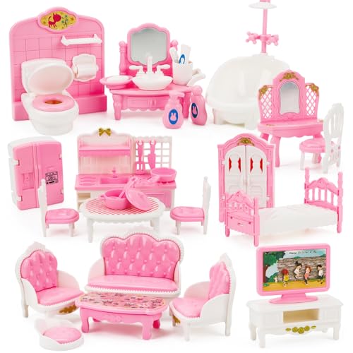 Vugttuon Puppenhaus-Möbel, Puppenhauszubehör, Puppenhaus-Möbel-Set, Minihaus, realistische Miniaturen, Schlafzimmer, Wohnzimmer, Küche, mit Spielmöbel, Spielzeug für Jungen und Mädchen, 32 Stück von Vugttuon