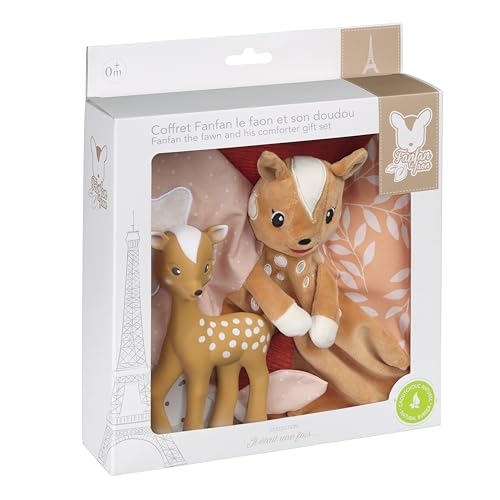 Vulli – Fanfan-Set Rehkitz und Schmusetuch – Babyspielzeug 0 Monate + – Naturkautschuk und sensorische Textilien – Kuscheltier mit Schnullerbefestigung – Geschenkidee zur Geburt – Kollektion Es war von Vulli