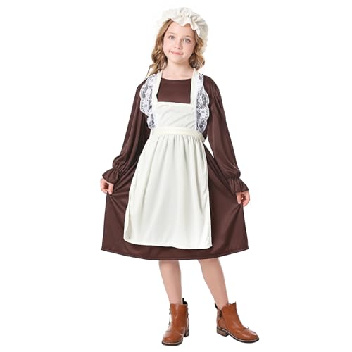 Kleid Kinder Mädchen Vintage Oktoberfest Langarm Kleid +Schürze + Mütze Party Halloween Karneval Kostüm Dienstmädchen Outfit Mittelalter Kleidung (Beige, M) von Vuncio