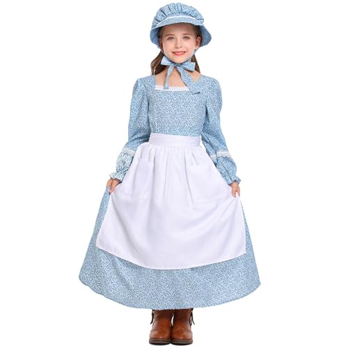 Oktoberfest Kleid Mädchen Kinder Kleid + Kopfschmuck + Schürze Cosplay Party Halloween Karneval Kostüm Dienstmädchen Outfit Vintage Mittelalter Kleidung 6-16 Jahre (Blue, 10-11 Years) von Vuncio