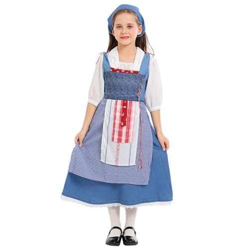 Oktoberfest Kleid Mädchen Kinder Kleid Cosplay Party Halloween Karneval Kostüm Dienstmädchen Outfit Vintage Mittelalter Kleidung Oberteil + Schürze + Rock + Weste + Schal (Blue, 150) von Vuncio