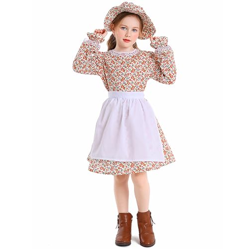 Oktoberfest Kleid Mädchen Kinder Langarm Kleid +Schürze + Mütze Party Halloween Karneval Kostüm Dienstmädchen Outfit Vintage Mittelalter Kleidung 4-16 Jahre (Orange, 8-10 Years) von Vuncio