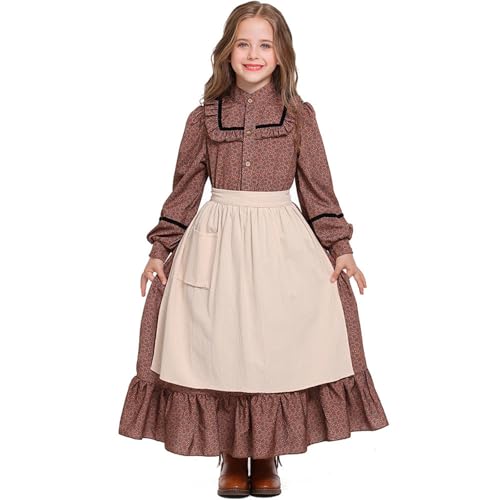 Oktoberfest Kleid Mädchen Kinder Rüschen Kleid Lang + Schürze Cosplay Party Halloween Karneval Kostüm Dienstmädchen Outfit Vintage Mittelalter Kleidung 4-13 Jahre (Brown, 12-13 Years) von Vuncio