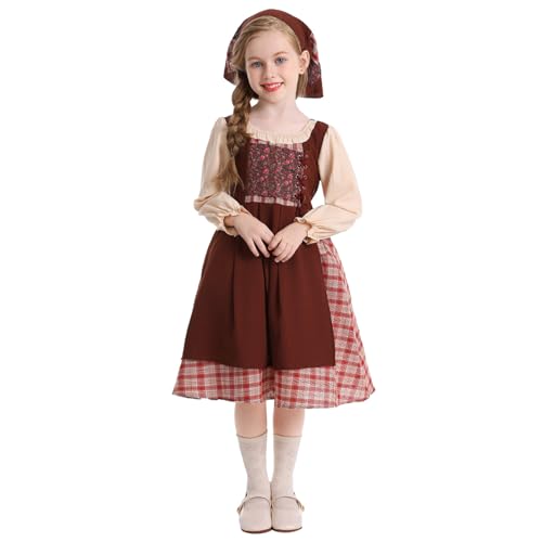 Oktoberfest Kleid Mädchen Party Halloween Karneval Kostüm Dienstmädchen Outfit Langarm Kleid + Kopfschmuck Mittelalter Kleidung 4-11 Jahre (Brown, 10-11 Years) von Vuncio
