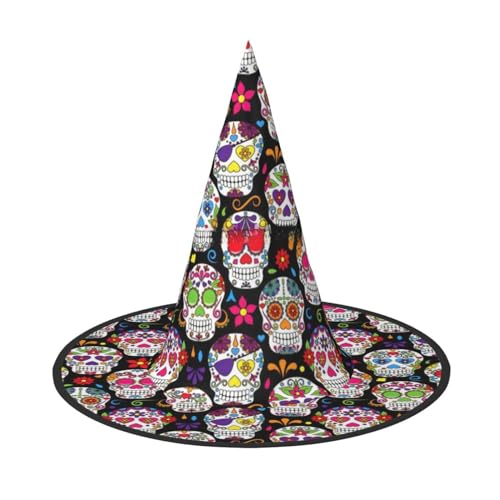 Vuoongt Bunte Blumenschädel-Druck, Halloween-Hut, vielseitig, leicht, Kostüm-Zubehör, faltbarer Spitzhut Vuoongt Bunte Blumenschädel-Druck, Halloween-Hut, vielseitig, leicht, Kostüm-Zubehör, faltbarer Spitzhut von Vuoongt