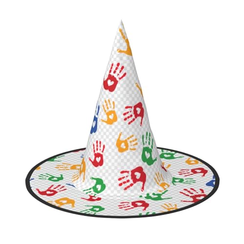 Vuoongt Bunte Handformen, Regenbogen-Druck, Halloween-Hut, vielseitig, leicht, Kostüm-Zubehör, faltbarer Spitzhut Vuoongt Bunte Handformen, Regenbogen-Druck, Halloween-Hut, vielseitig, leicht, Kostüm-Zubehör, faltbarer Spitzhut von Vuoongt