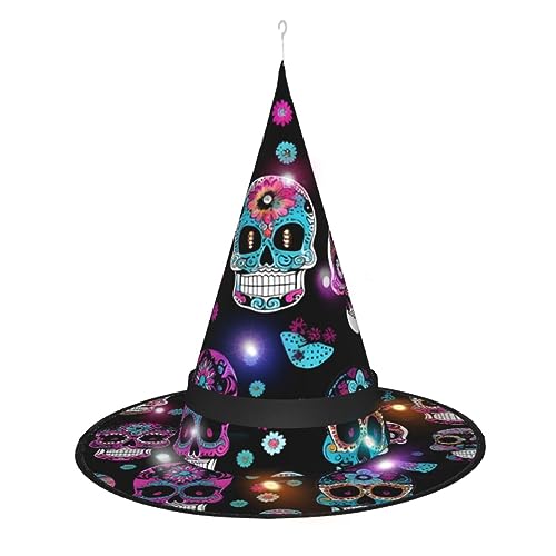 Vuoongt Farbenfroher Totenkopf-Druck, Halloween-Hut, vielseitig, leicht, Kostümzubehör, faltbar, spitz, Hutwithlight Vuoongt Farbenfroher Totenkopf-Druck, Halloween-Hut, vielseitig, leicht, Kostümzubehör, faltbar, spitz, Hutwithlight von Vuoongt