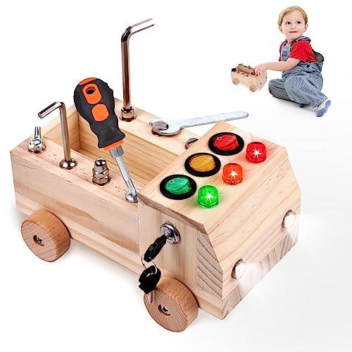 Vusddy Montessori Busy Board aus Holz - 3-in1 Activity Board mit Motorikbrett, Schraubbrett und Lichtschalter für Kinder ab 3 Jahren - Kleinkind Sensorisches Lernspiele für Jungen, Mädchen Geschenke von Vusddy