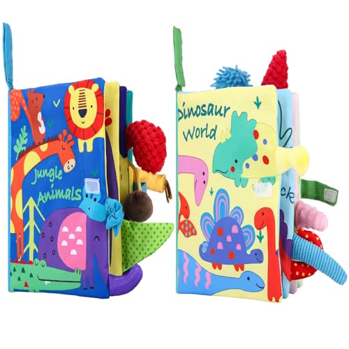 Vuxava Babybuch Baby Stoffbuch – 2er Set Montessori Quiet Book mit Fühlbuch & Knisterbuch ab 0 3 6 Monate, Sensorik Spielzeug Baby ab 6 Monate, Stoffbuch Dinosaurier & Tiere für Jungen & Mädchen von Vuxava