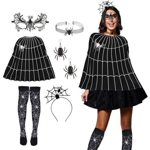 Vxcbad 6-teiliges Spinnenkostüm-Set Halloween Kostüm Halloween Kostüm Erwachsene Spinnenkostüm Damen (Kleid Strumpfhose Halskette Augenmaske Stirnband Ohrringe) Halloween Kostüm Familien Set von Vxcbad