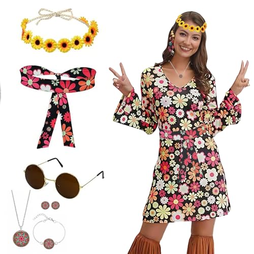 Vxcbad Hippie Kostüm Damen Karneval Kostüm Damen 60er 70er Kleid Hippie Hippie Kleidung Damen für Partys Fotoshootings Cosplay (XL) von Vxcbad