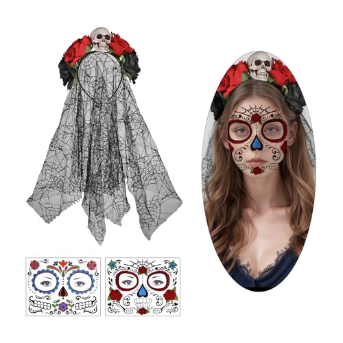Vxcbad Skull Brautschleier, Hexenschleier mit Totenkopf und Rose Kopfbedeckung, zwei temporäre Gesichts-Tattoos für Fasching und Horror-Partys Vxcbad Skull Brautschleier, Hexenschleier mit Totenkopf und Rose Kopfbedeckung, zwei temporäre Gesichts-Tattoos für Fasching und Horror-Partys von Vxcbad
