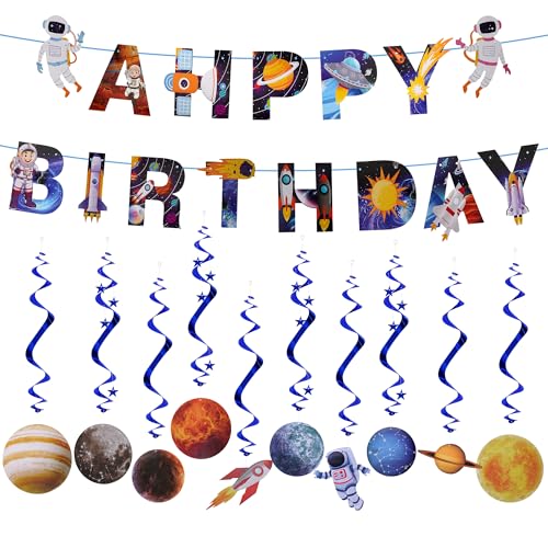 1 x Happy Birthday Banner Planet hängende Wirbel Sonnensystem Party Dekorationen für Jungen Mädchen Kinderzimmer Galaxie Party Supplies von Vxcvzv