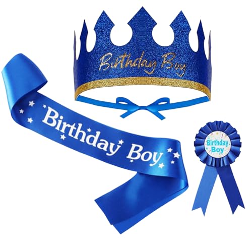 3 Stück Geburtstag Junge Schärpe, Krone Stirnband und Abzeichen, Happy Birthday Dekorationen für Jungen Geburtstagsparty (Blau) von Vxcvzv