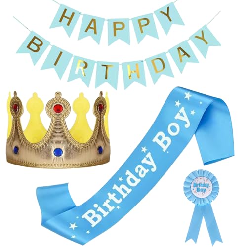 4 Stück Geburtstag Junge Dekorationen Set enthält glitzernde Tiara Stirnband Schärpe Abzeichen Happy Birthday Banner für Kinder Prinzessin Partys Rosa Zubehör (Blau) von Vxcvzv