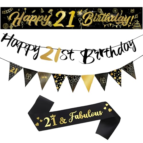 Dekoration zum 21. / 40. Geburtstag für ihn, Happy Birthday-Banner, schwarz-goldene Wimpelkette, Luftschlangen, Partyzubehör, Geschenke für Männer (21 von Vxcvzv