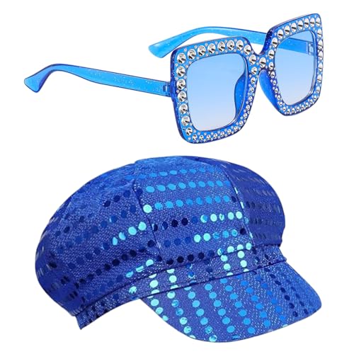 Vxcvzv 2 Stück 70er Jahre Paillettenhut Damen Disco Zubehör mit Pailletten Hut Bling Sonnenbrille Disco Kostüm Set für Frauen Themenparty Geburtstag Tanz (Blau) von Vxcvzv