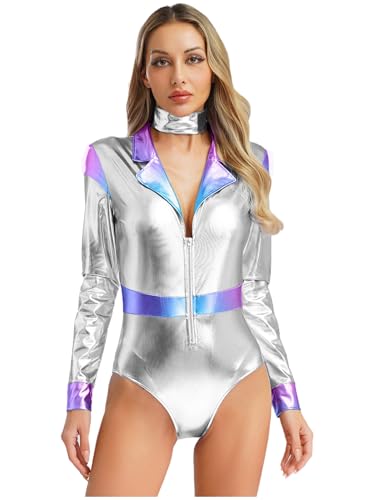 Vxuxlje Alien Kostüm Damen Halloween Metallic Bodysuit Space Girl Body Langarm Catsuit Leotard V-ausschnitt Jumpsuit Karnevalskostüm Mottopartys Silber S von Vxuxlje