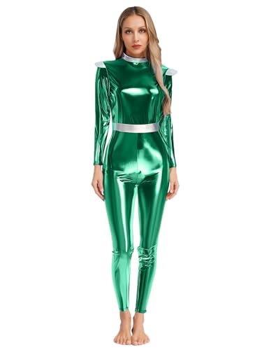 Vxuxlje Alien Kostüm Damen Metallic Jumpsuit Halloween Space Girl Overall Disco Kostüm Festival Outfit Langarm Catsuit Karnevalskostüm Grün L von Vxuxlje