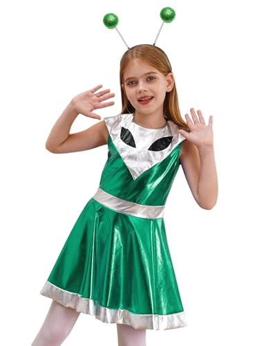 Vxuxlje Alien Mädchen Kostüm Space Girl Mini Kleid Glitzer Metall Partykleid Mit Alien Augen Und Gürtel Für Kinder Grün 158-164 von Vxuxlje