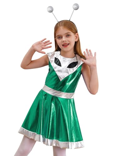 Vxuxlje Alien Mädchen Kostüm Space Girl Mini Kleid Glitzer Metall Partykleid Mit Alien Augen Und Gürtel Für Kinder Silber 110-116 von Vxuxlje