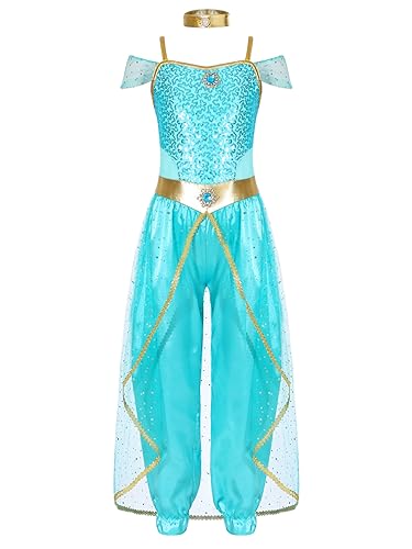 Vxuxlje Arabische Prinzessin Kostüm Kinder Mädchen Bauchtanz Outfit Rüschen Pailletten Jumpsuit Ganzkörper Karneval Halloween Hellblau 158-164 Vxuxlje Arabische Prinzessin Kostüm Kinder Mädchen Bauchtanz Outfit Rüschen Pailletten Jumpsuit Ganzkörper Karneval Halloween Hellblau 158-164 von Vxuxlje