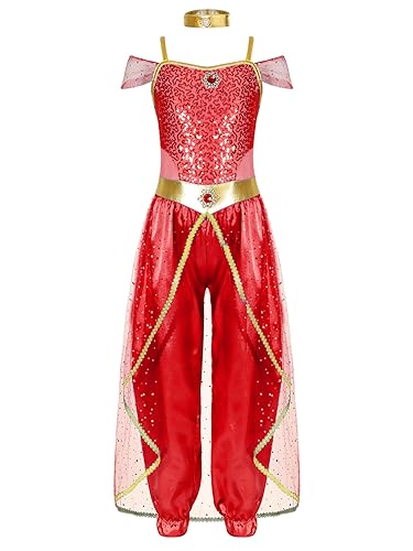 Vxuxlje Arabische Prinzessin Kostüm Kinder Mädchen Bauchtanz Outfit Rüschen Pailletten Jumpsuit Ganzkörper Karneval Halloween Rot 170 Vxuxlje Arabische Prinzessin Kostüm Kinder Mädchen Bauchtanz Outfit Rüschen Pailletten Jumpsuit Ganzkörper Karneval Halloween Rot 170 von Vxuxlje