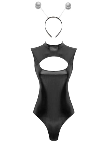 Vxuxlje Astronauten Körper Herr Alien Kostüm Holographischer Bodysuit Catsuit Ärmellos Cut Out Body Mit Alien Gürtel Festival Rave Outfit Schwarz XXL von Vxuxlje