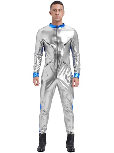 Vxuxlje Astronautenanzug Weltraumanzug Für Herren Metallischer Glitzer Astronautenanzug Mit Langen Ärmeln Herren Weltraum Reiseanzug Karnevalskostüm Silber L von Vxuxlje