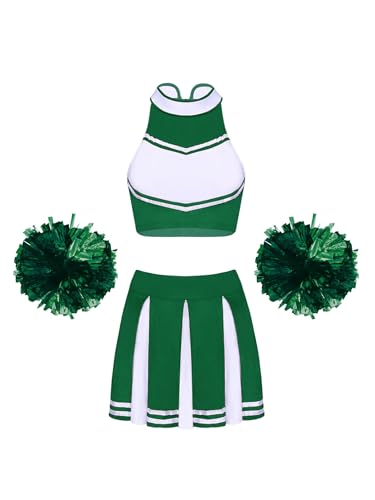 Vxuxlje Cheerleader Kostüm Damen Cheerleader Outfit Ärmellose Uniform Kleid Mit Pom Poms Karneval Halloween Ein Grün XXL von Vxuxlje