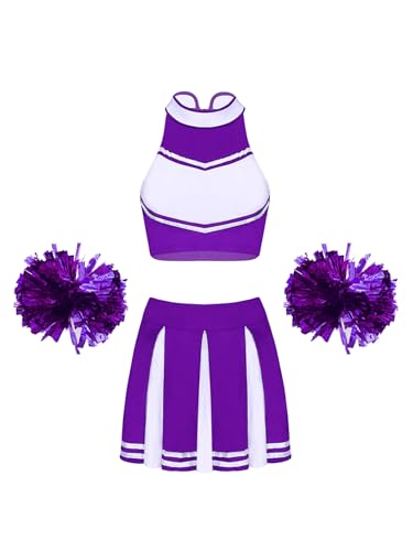 Vxuxlje Cheerleader Kostüm Damen Cheerleader Outfit Ärmellose Uniform Kleid Mit Pom Poms Karneval Halloween Ein Lila XL von Vxuxlje